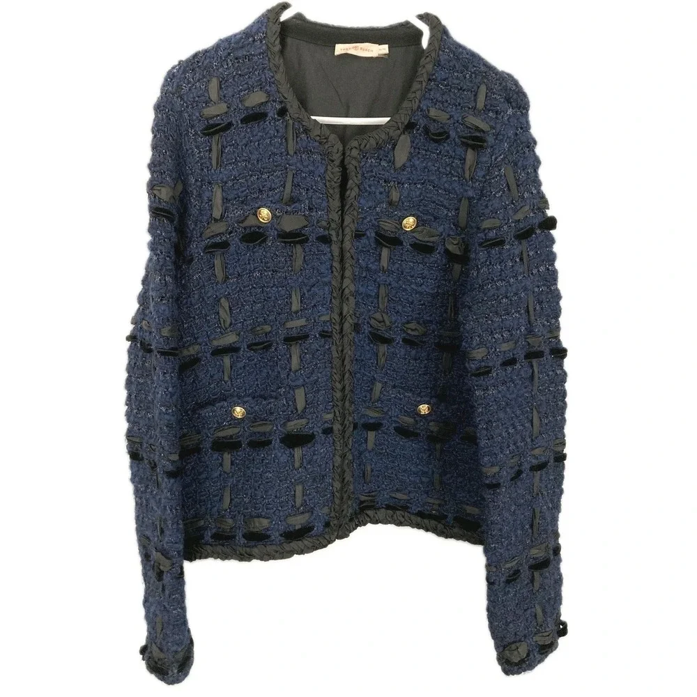 Tory Burch Cardigan Sweater Women XL Blu Tweed Wool Pocket Ribbon Trim Hook/Loop